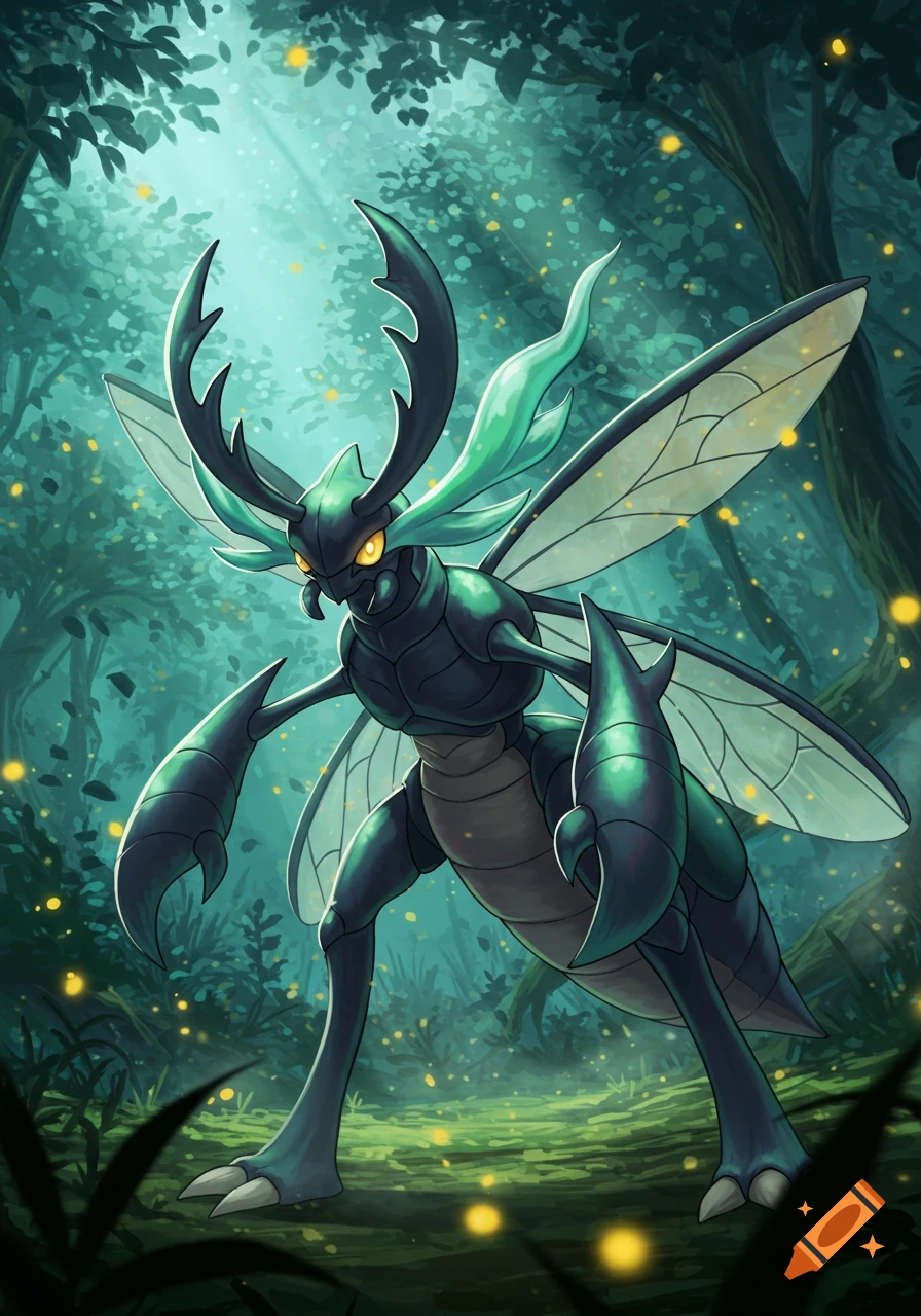 A dark green insectoid fantasy creature with large antlers, wings, and glowing eyes stands in a lush forest with fireflies, in an illustrated style.