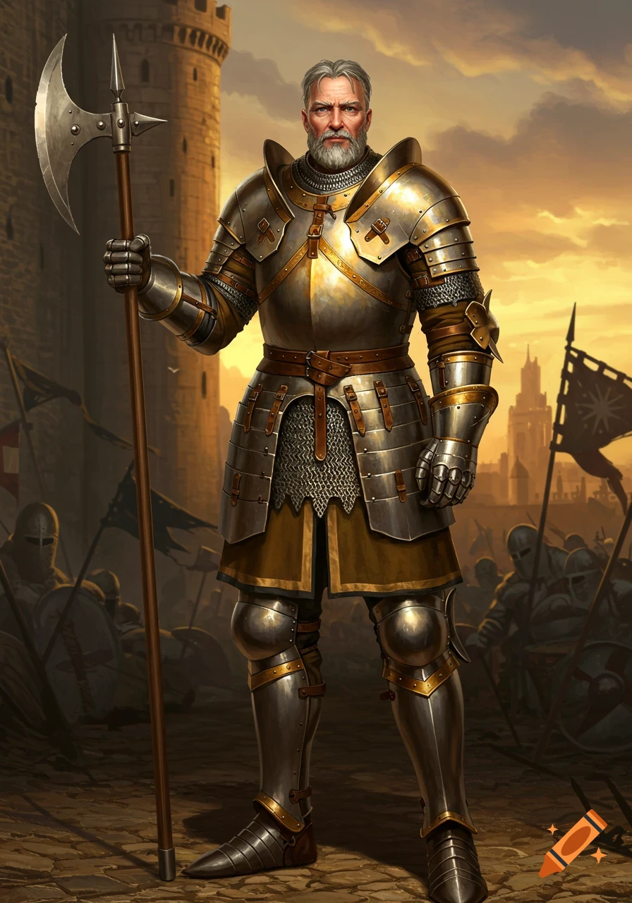 A bearded medieval warrior in full plate armor stands holding a halberd before a castle at sunset, with other armored soldiers in the background.