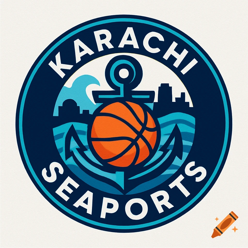 Circular logo for Karachi Seaports featuring an anchor, basketball, city skyline, and waves in blue, orange, and white.