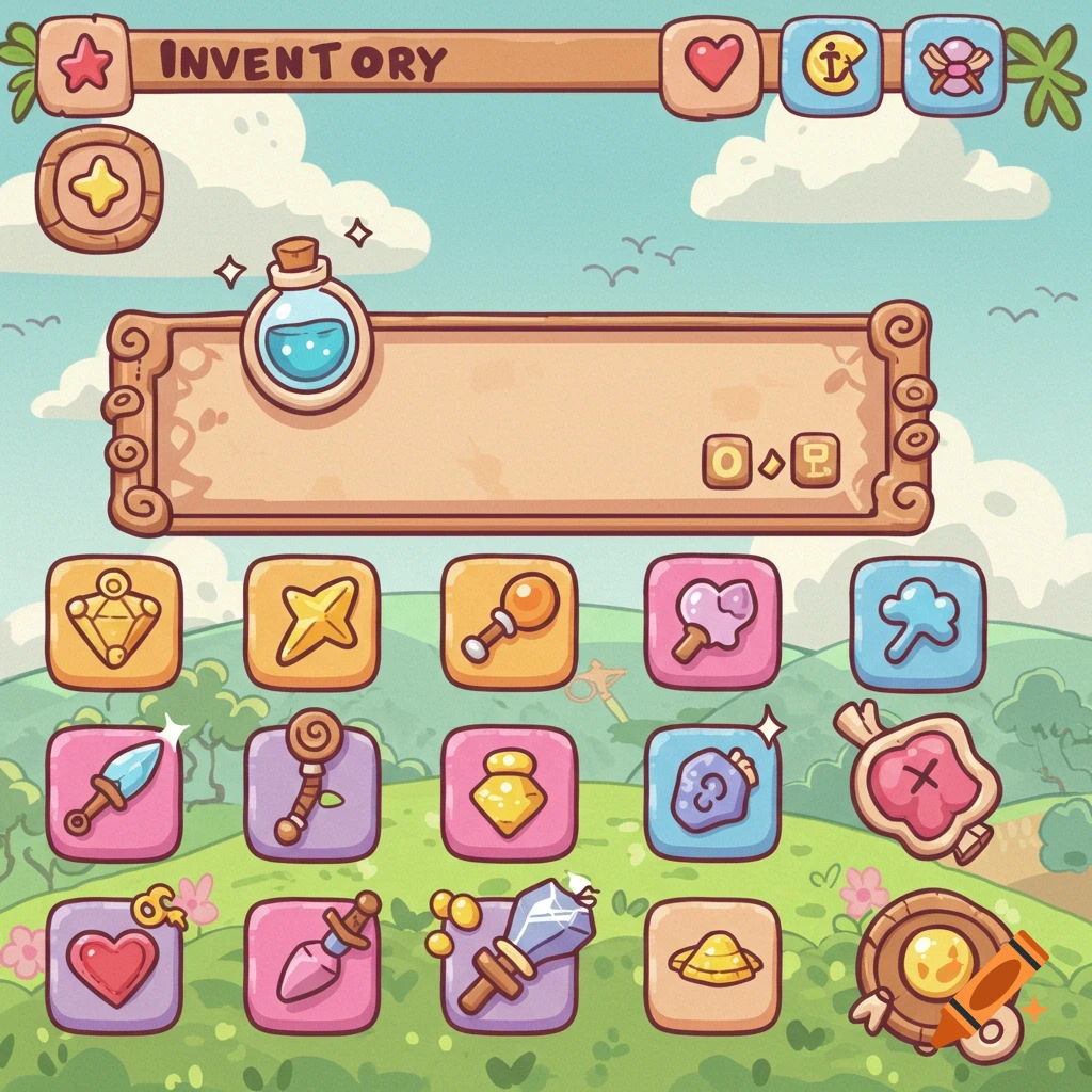 A cartoony game user interface showing an inventory screen with various item icons like a potion, weapons, and other objects against a sky and grass background.
