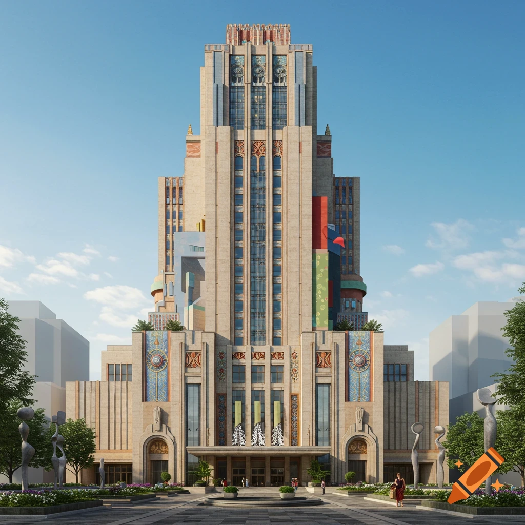 A grand postmodern building with intricate details and a distinctive tiered design stands under a clear sky, surrounded by trees and sculptures.