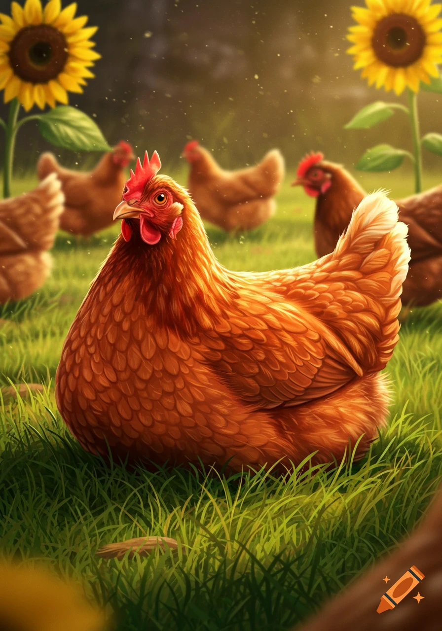 An illustrated red hen sits in green grass with other chickens and sunflowers in a sunlit field.