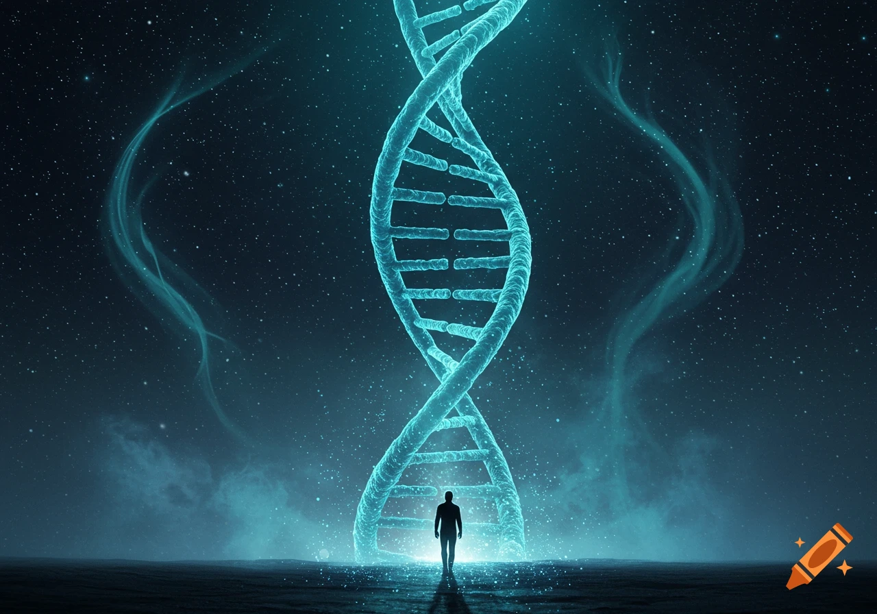 A glowing blue DNA strand stands tall, with the silhouette of a person walking towards it, against a dark, starry, cosmic background with blue mist.