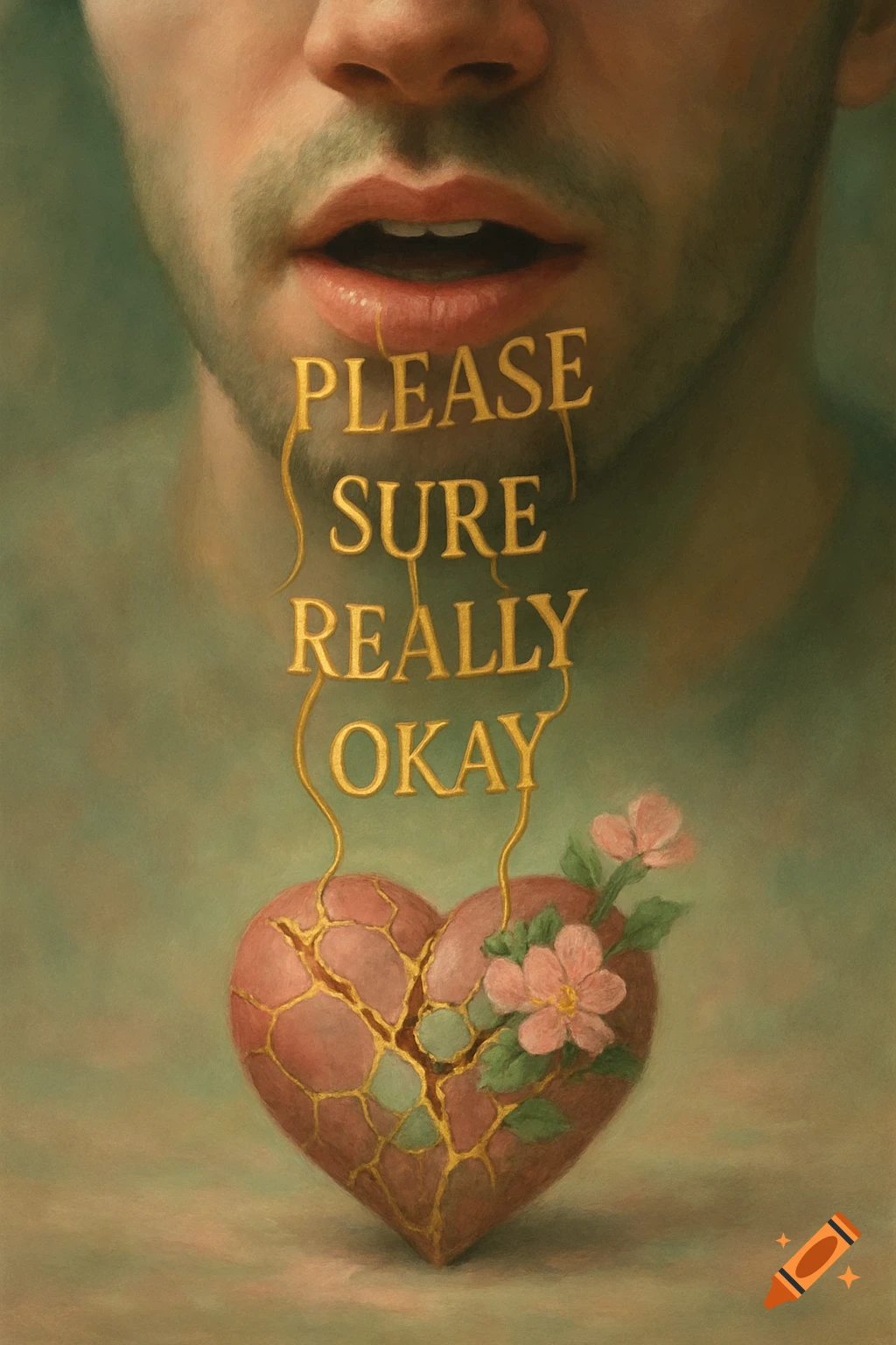 Close-up of a man's mouth with golden words "PLEASE SURE REALLY OKAY" dripping down onto a broken, mended heart with flowers, in a painterly style.