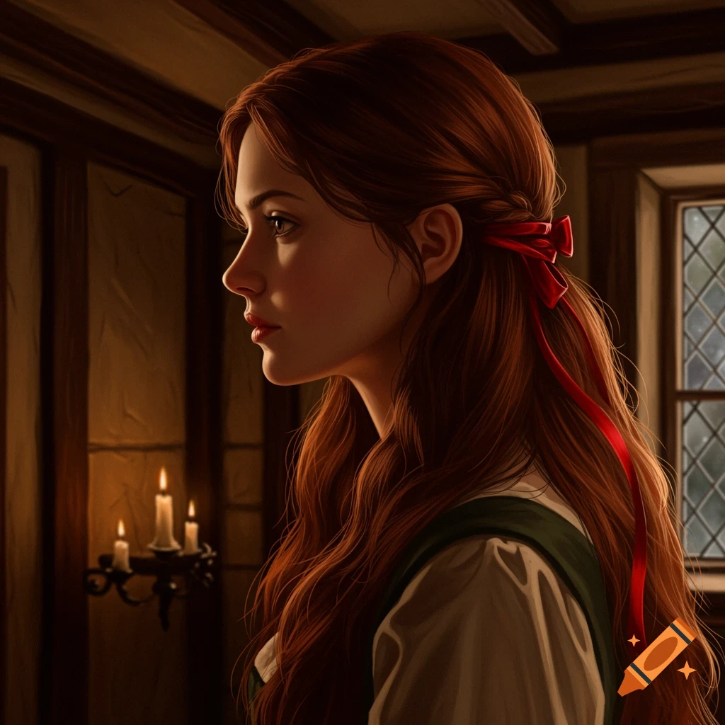 Profile portrait of a young woman with long wavy red hair tied with a red ribbon, lit by candlelight in a rustic room.