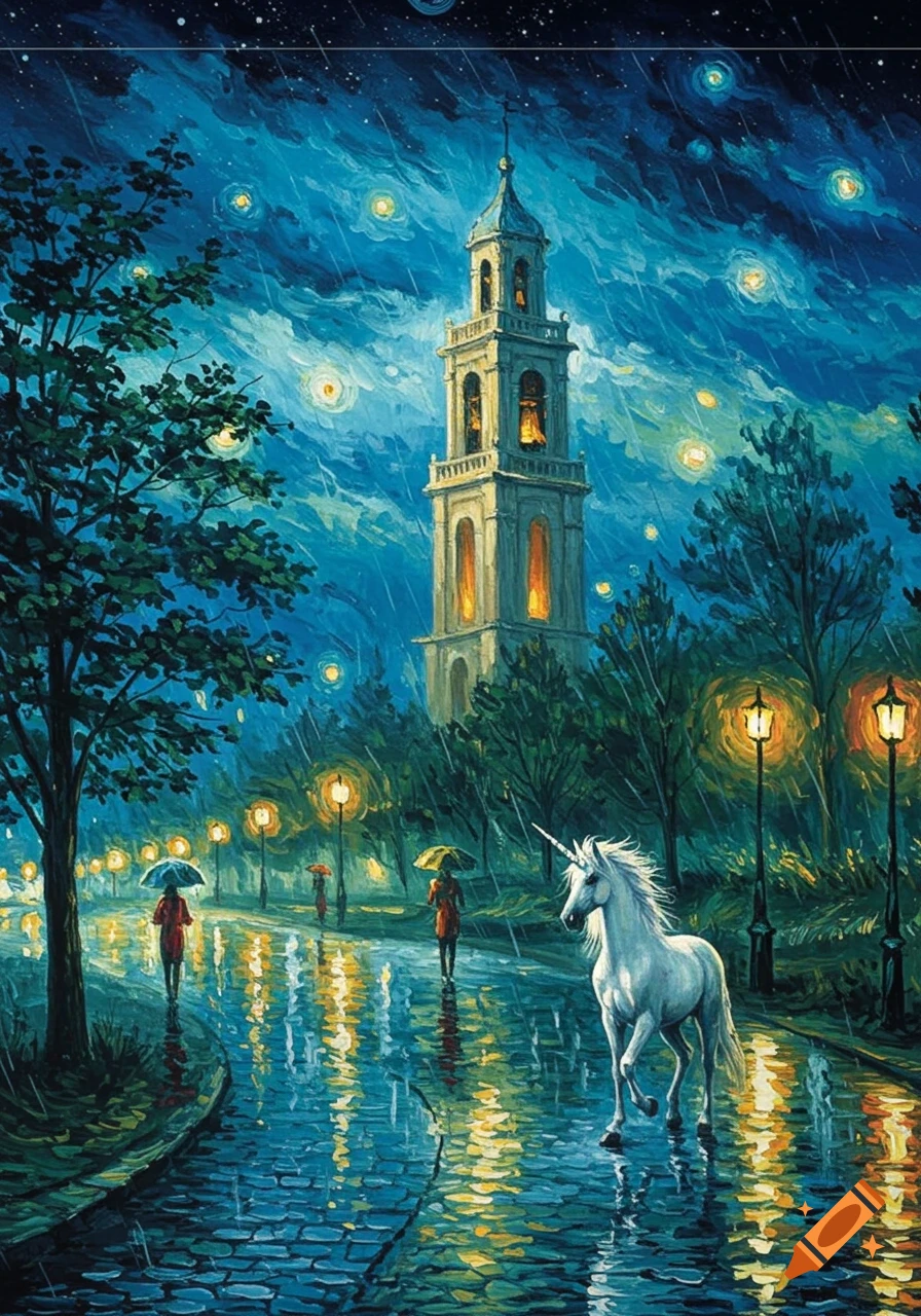 An Impressionist painting like Van Gogh's Starry Night, showing a unicorn on a wet street at night in the rain, with a bell tower and people.