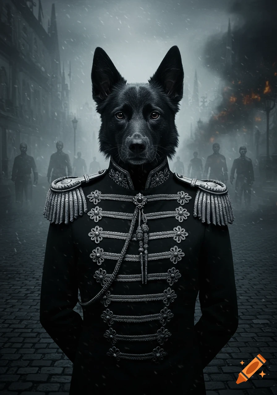 A black dog in an ornate military uniform stands in a desolate, snowy, and burning city street with silhouetted figures.
