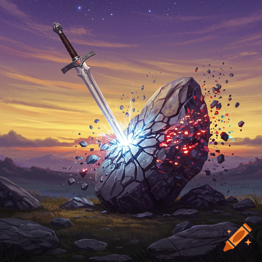A glowing sword is impaled into a large rock that shatters into luminous fragments, set against a sunset sky with stars.