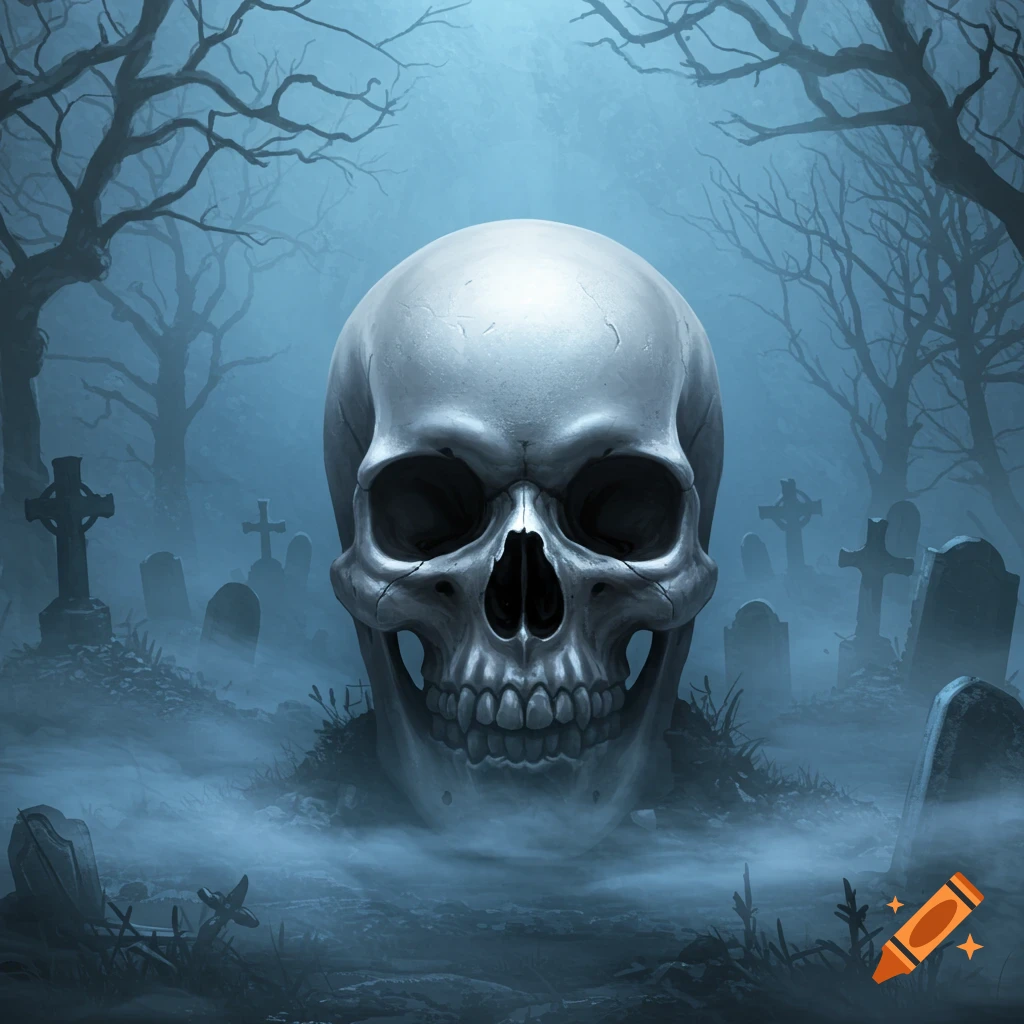 A large skull sits in a misty graveyard with bare trees and tombstones under a blue sky.