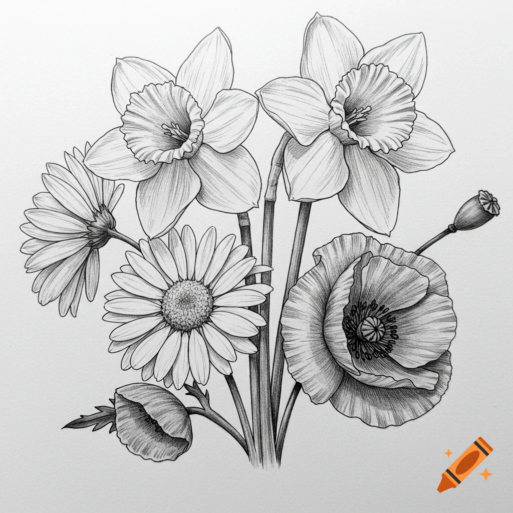 Black and white pencil drawing of a bouquet featuring daffodils, daisies, and a poppy.