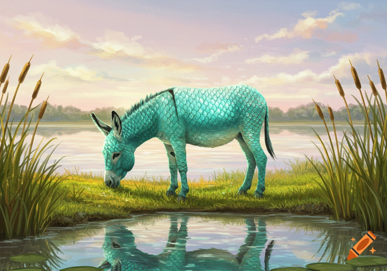 A donkey with teal fish scales grazes by a tranquil lake at sunset, with cattails on the banks.