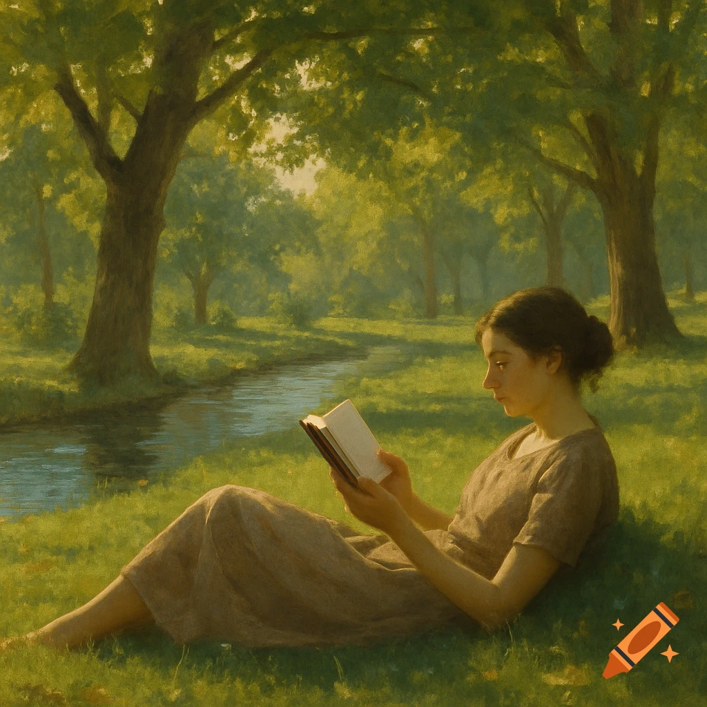 A woman in a brown dress reads a book while lying on green grass next to a stream in a lush, green park, painted in a classical style.