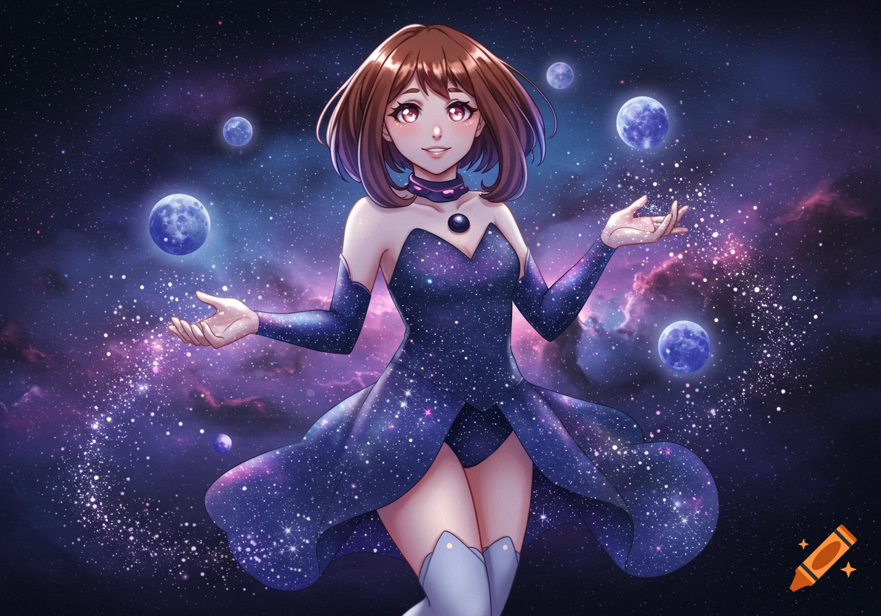Anime-style Ochako Uraraka in a starry blue dress, standing in a vibrant purple and blue galaxy with planets and sparkling cosmic dust.