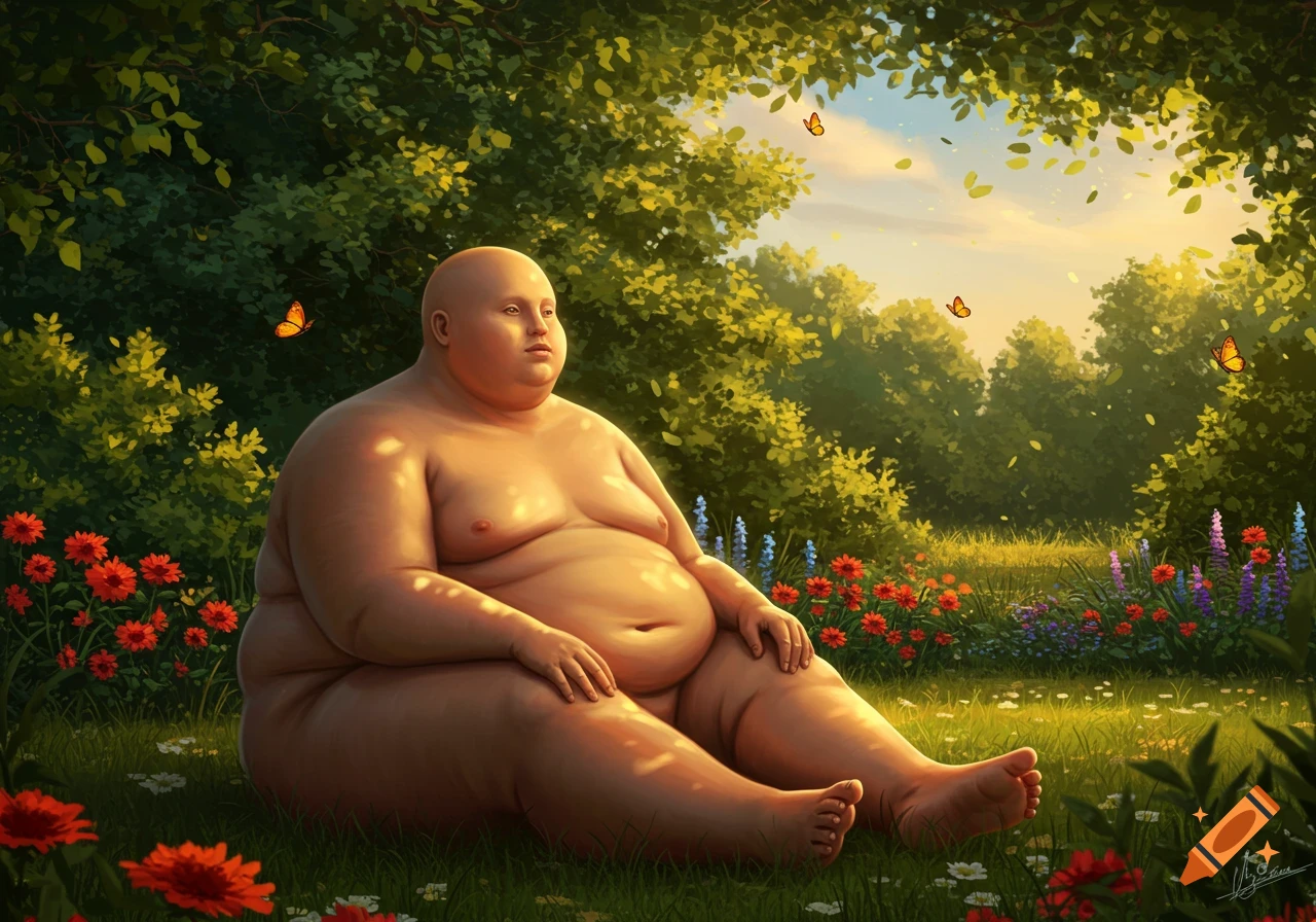 A bald, very obese person sits nude on a sunny, grassy field surrounded by colorful flowers and trees. Butterflies flutter around.