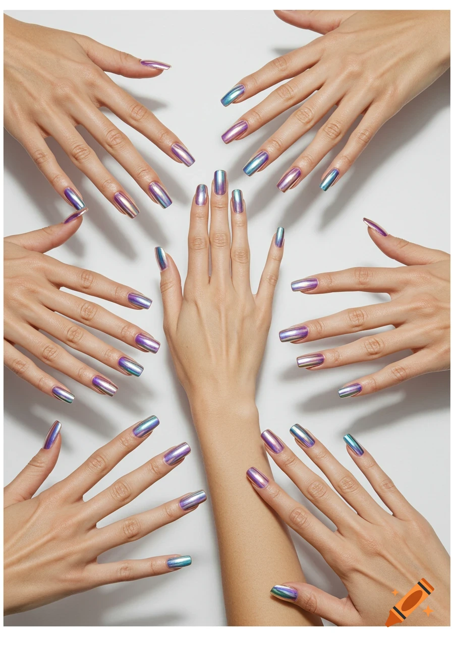 Multiple hands with long, iridescent chrome nail polish against a plain white background.