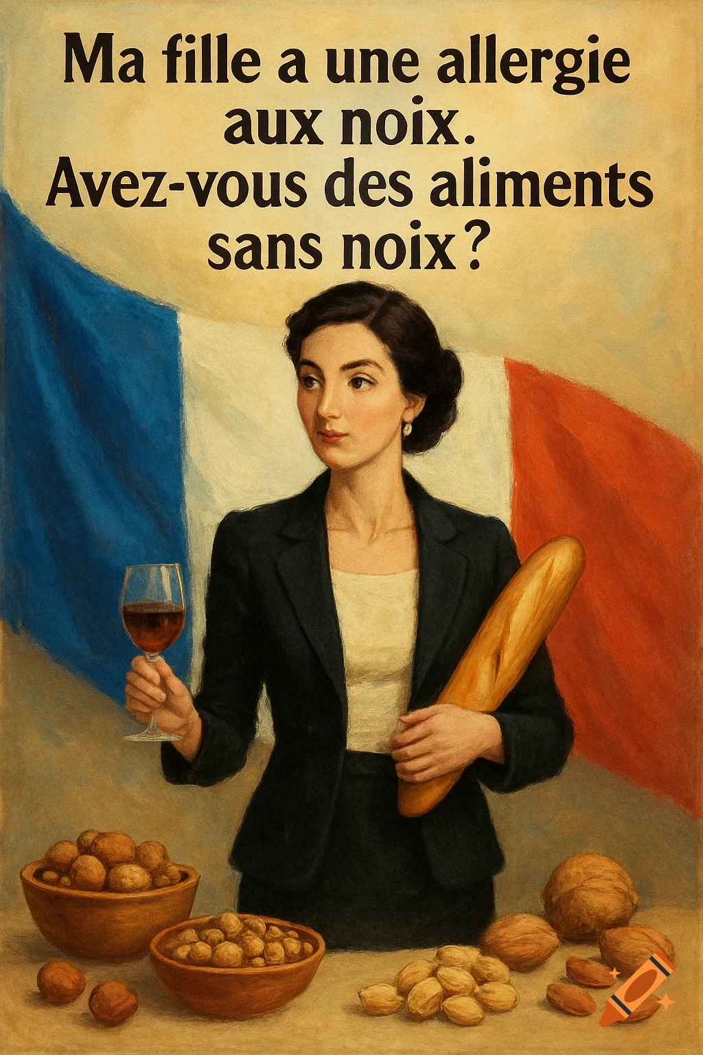 Painted French woman with wine, baguette, and nuts, against a French flag. Text about nut allergy.