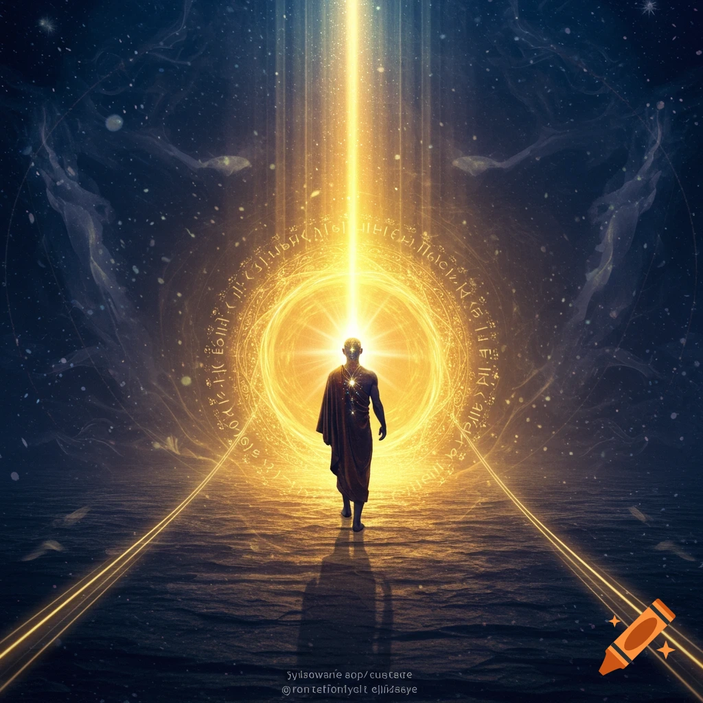 A figure in a monk's robe walks towards a glowing golden portal or vortex, surrounded by cosmic energy and stars in a spiritual fantasy setting.