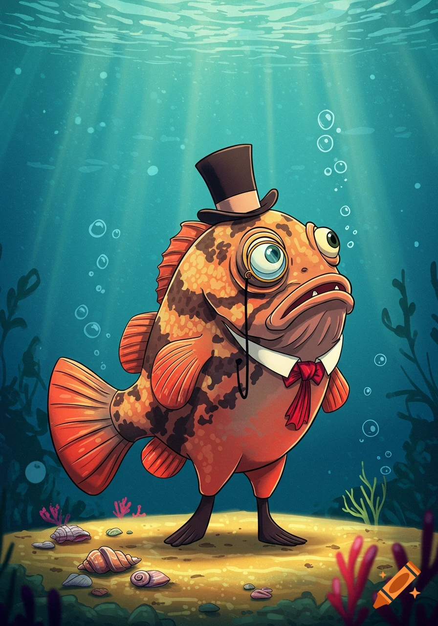 A cartoon anthropomorphic rockfish wearing a top hat, monocle, and red bow tie, standing on the seabed in clear blue water.