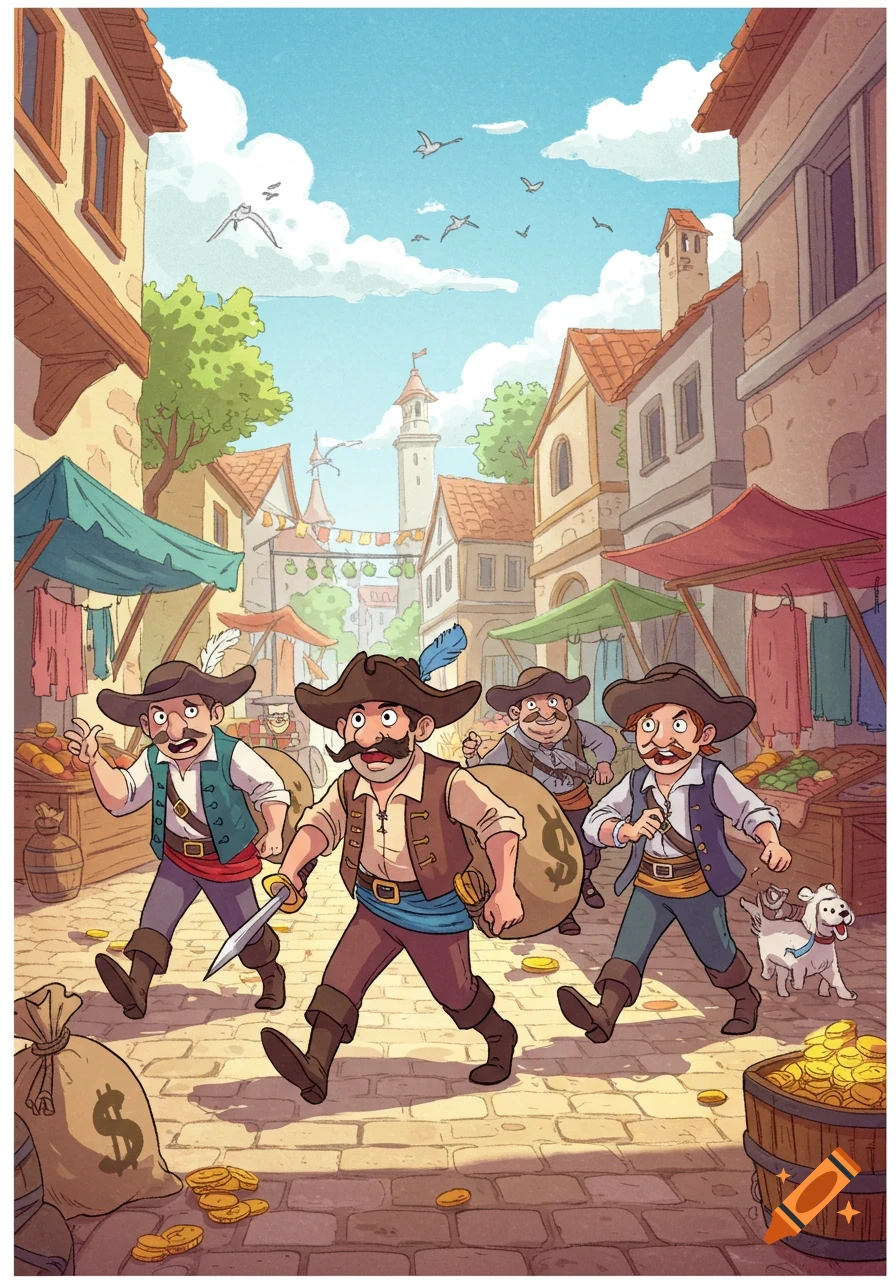 Cartoon pirates with mustaches and hats run through a lively village market street, carrying bags of gold, with a small white dog.