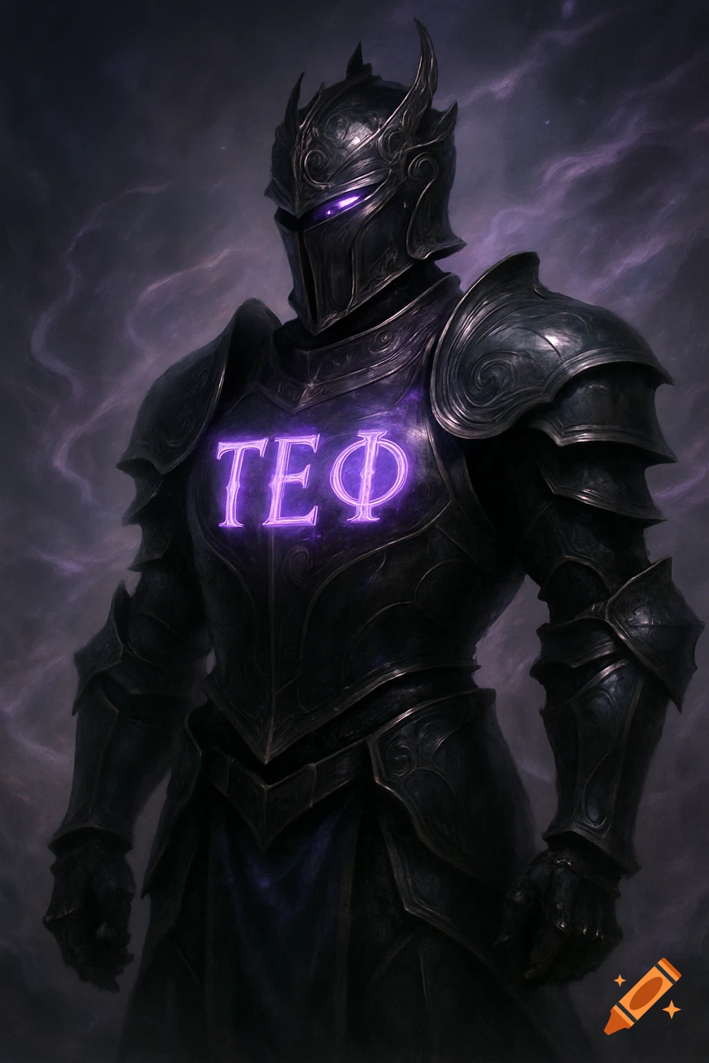 Dark knight in black armor with glowing purple eyes and the glowing purple Greek letters TEΦ on its chest.