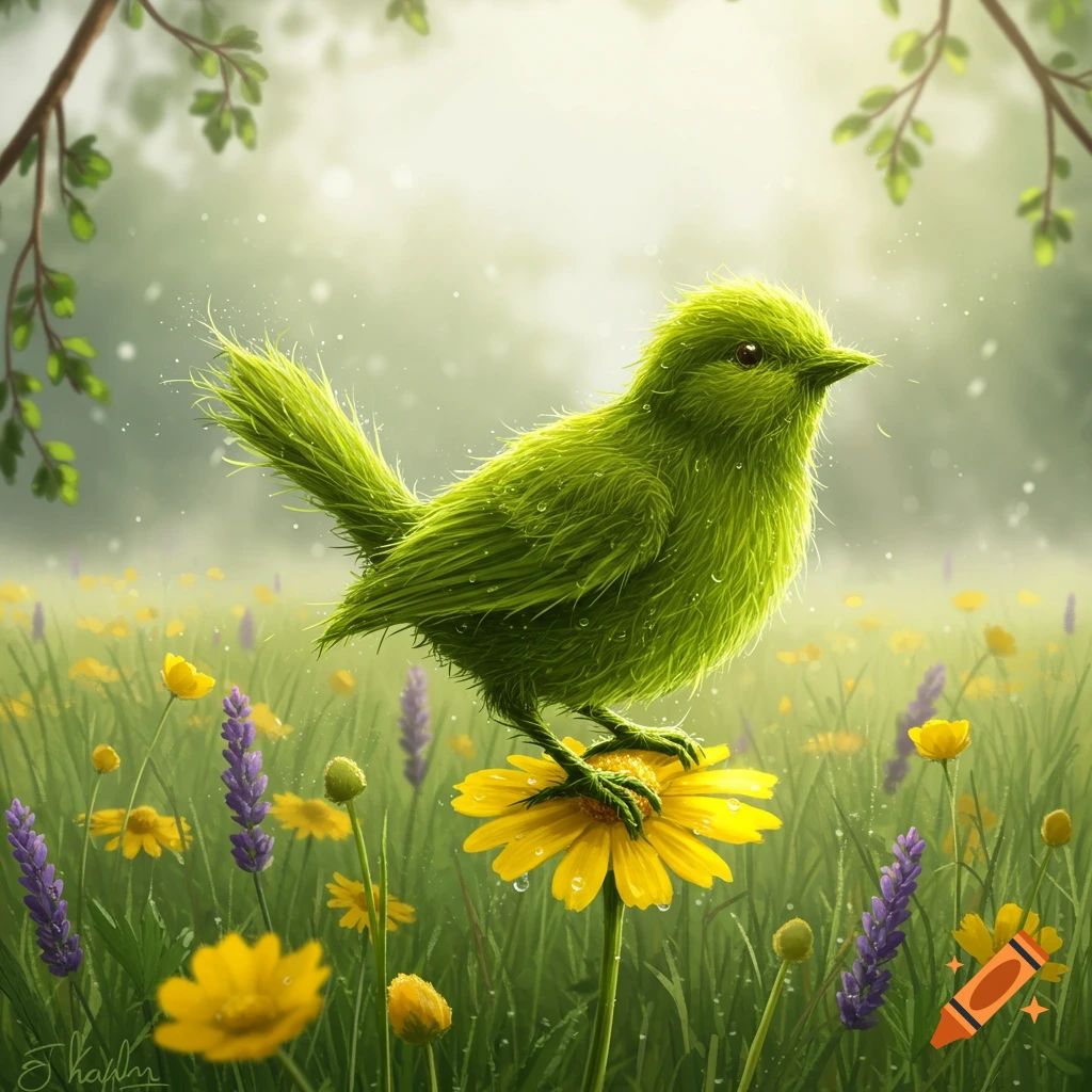 A vibrant green bird, appearing woven from grass, perches on a bright yellow flower in a dew-kissed field of wildflowers and tall grass.