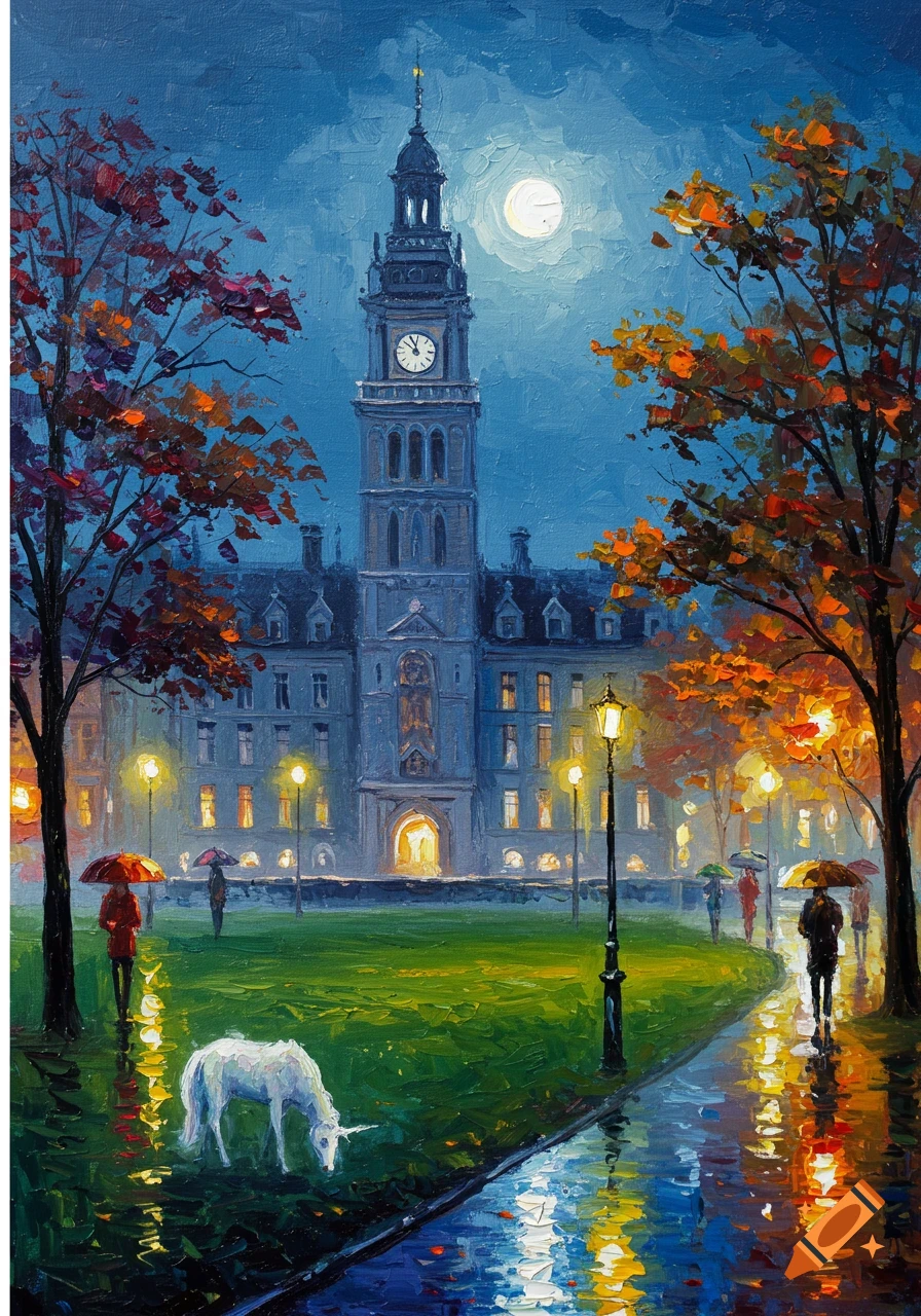 An oil painting of a unicorn in a park in front of a clock tower and a building at night, with people holding umbrellas walking on a wet path.