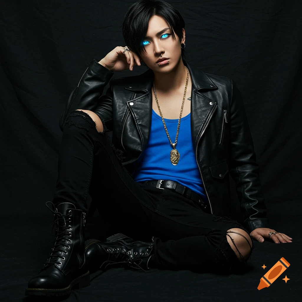 Photorealistic portrait of a Korean male with bright blue eyes, black leather jacket, blue tank-top, ripped jeans, and black boots.