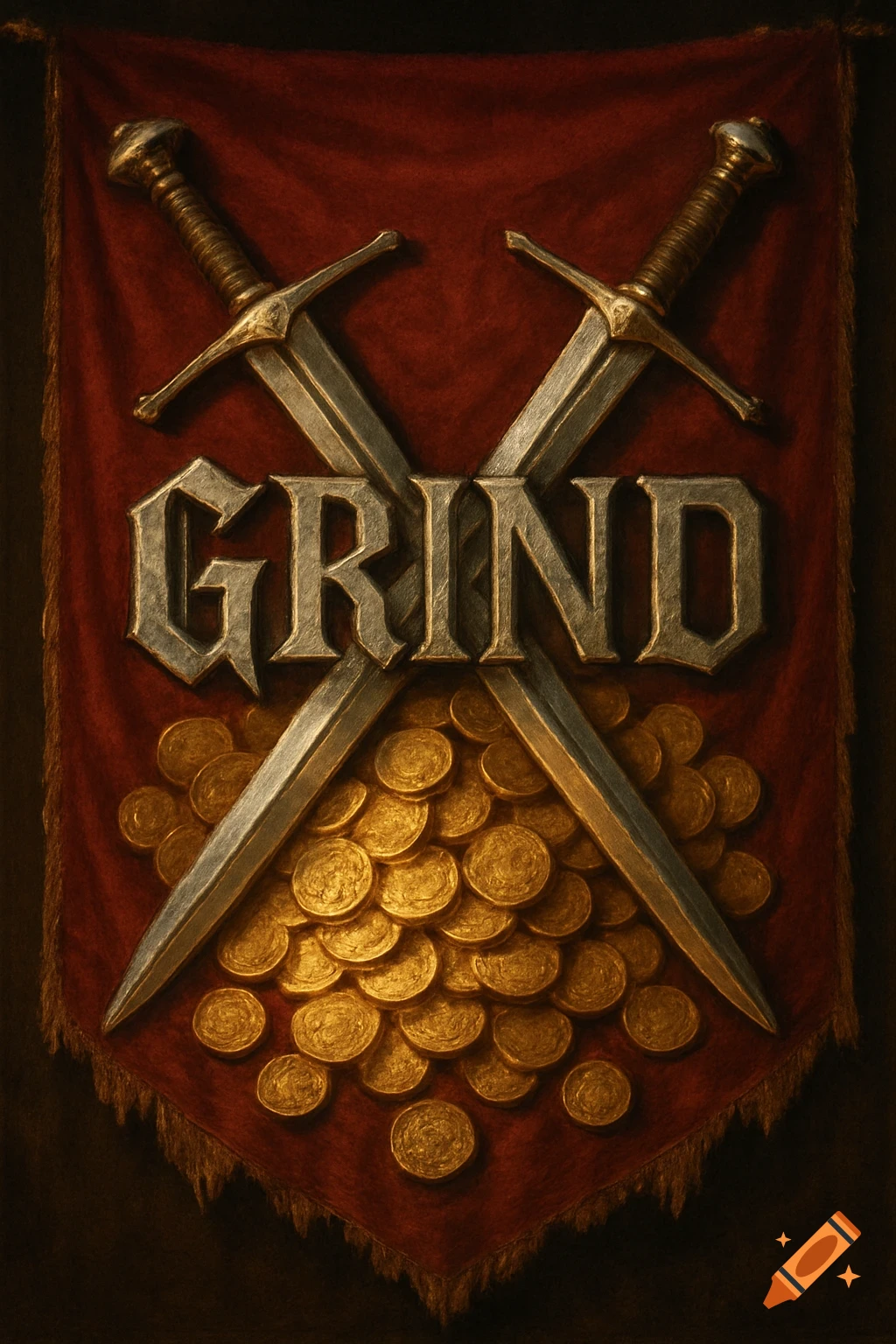 Two crossed swords over the word 'GRIND' on a red banner, with a pile of gold coins. Detailed illustration.
