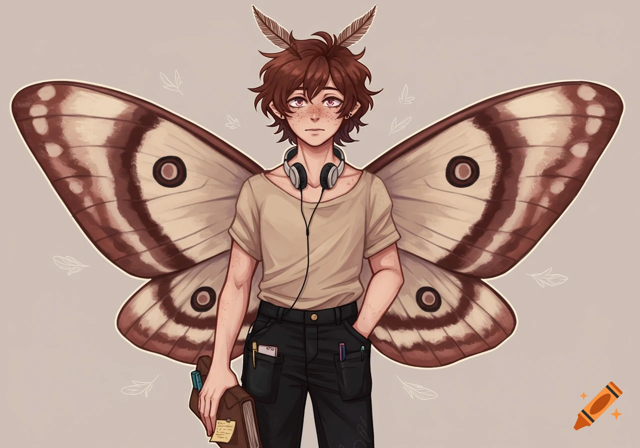 An anime-style character with brown hair, feathery antennae, and large moth wings wears headphones and holds a book.