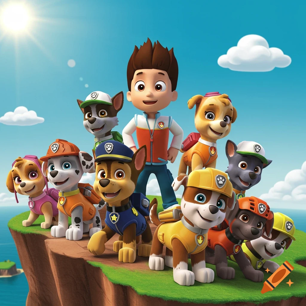 Ryder and the Paw Patrol pups stand on a cliff overlooking the ocean under a sunny sky in an animated style.