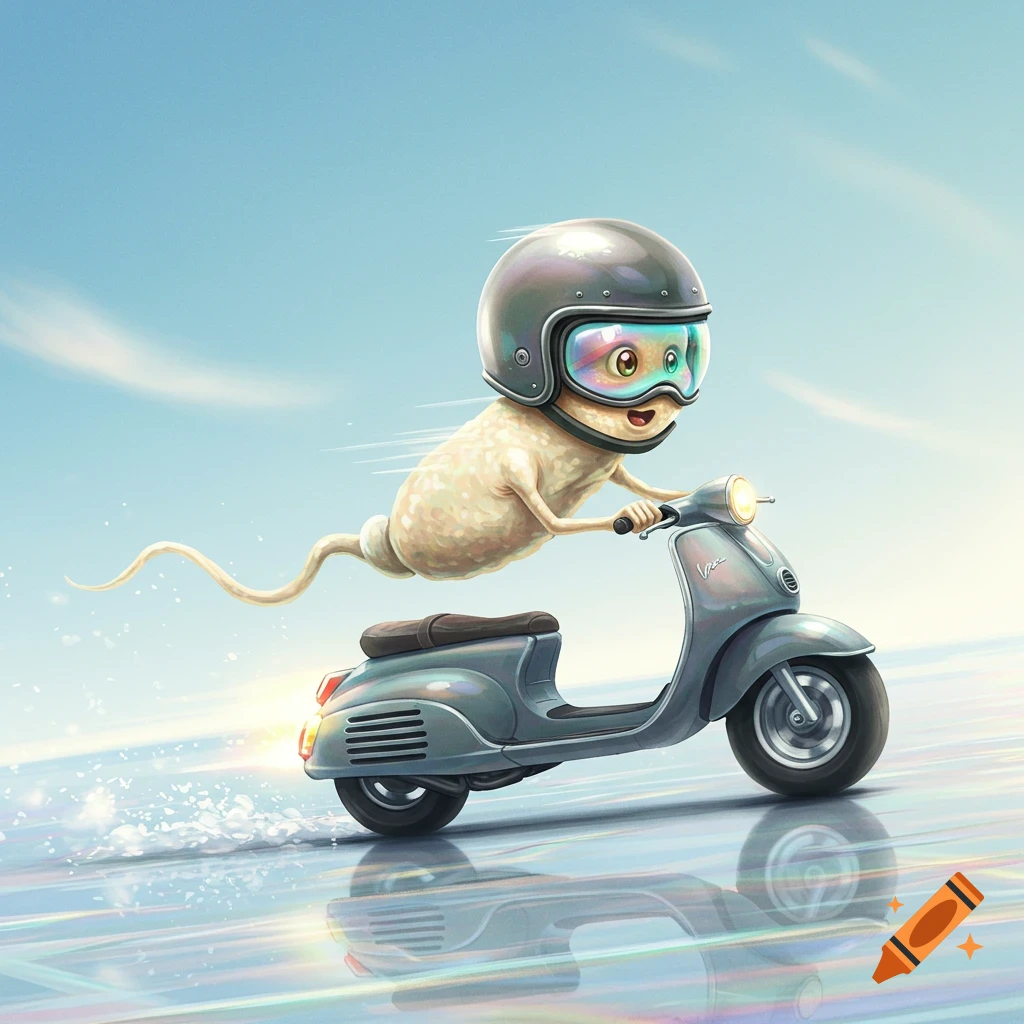 Cartoon sperm wearing a helmet and goggles, riding a gray scooter across a reflective surface under a blue sky.