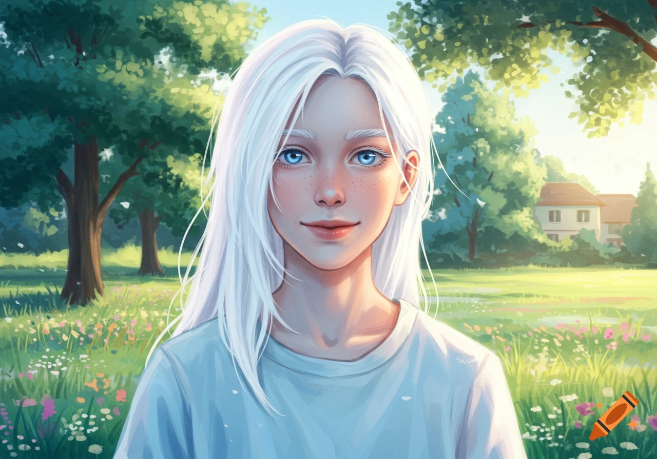 A young person with long white hair and bright blue eyes smiles gently in a sunny, green field with trees and houses in the background, digital art.