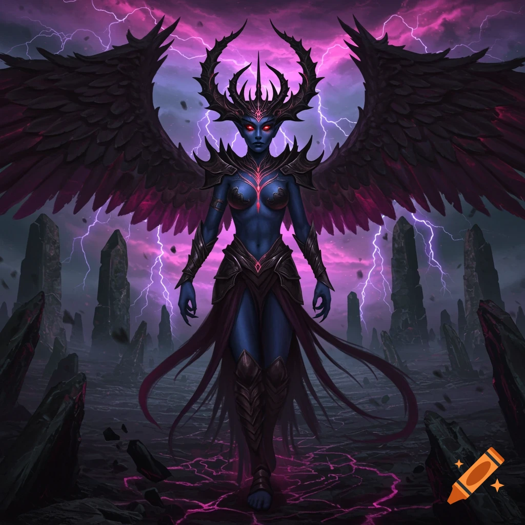 A blue-skinned demoness with large black wings, a spiky crown, and glowing red eyes stands in a desolate land under a stormy purple sky with lightning.
