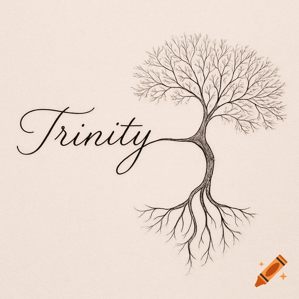 Cursive text 'Trinity' connected to a detailed fineline drawing of a tree with branches and roots.