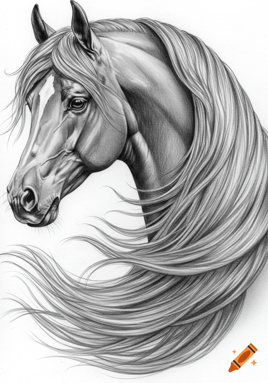 Pencil drawing of a horse's head with a flowing mane.