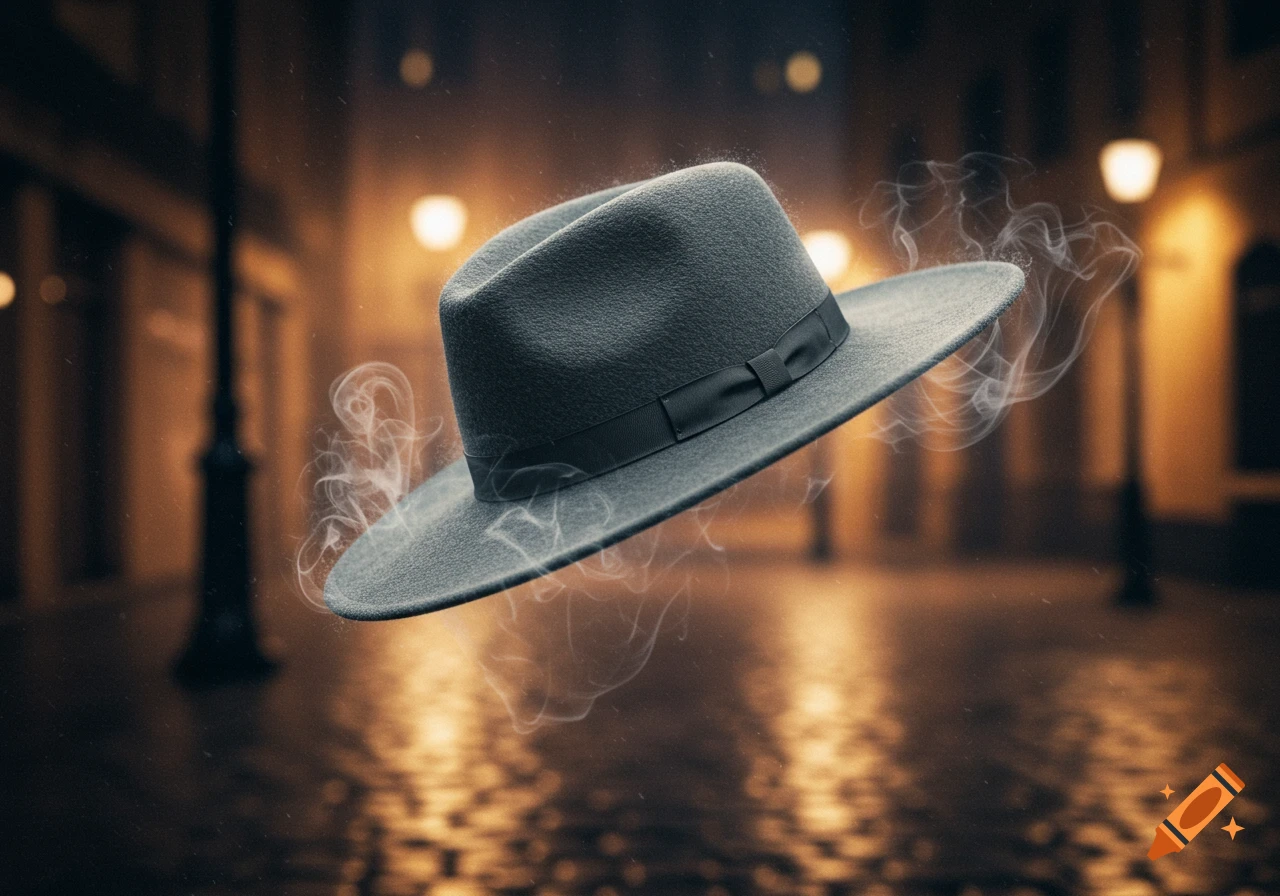 A grey fedora hat with a black band floats in a smoky, dark street with blurred streetlights and reflections.