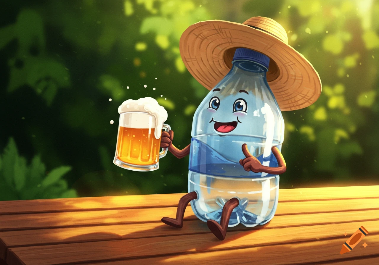 A happy cartoon water bottle wearing a straw hat sits on a wooden bench, holding a mug of beer.