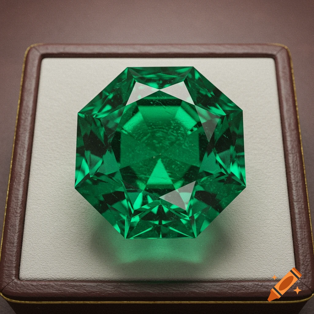 A close-up of a large, faceted emerald gemstone in an octagonal cut, displayed in a brown jewelry box.