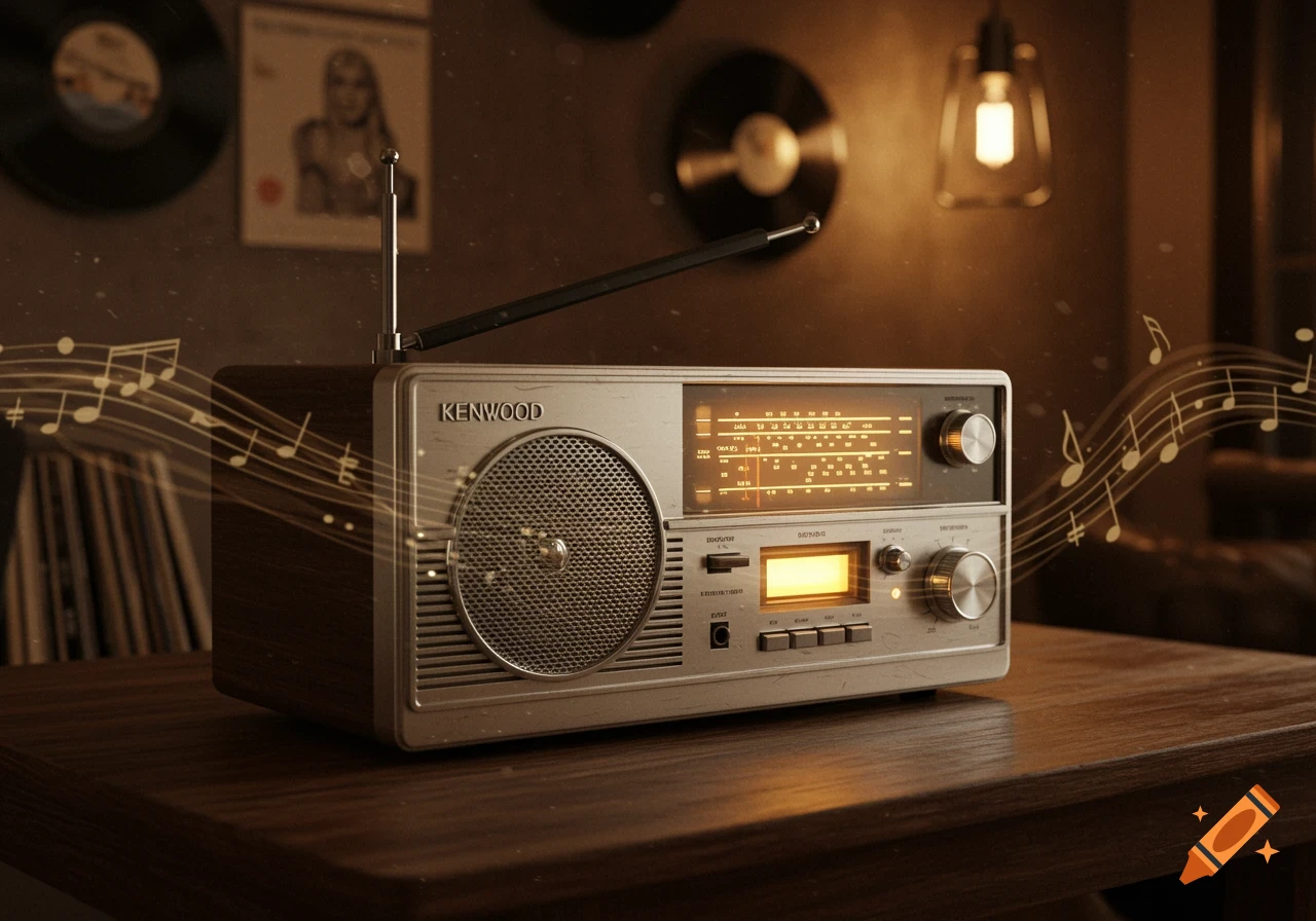 A photorealistic vintage Kenwood radio on a wooden table, illuminated by warm light, with musical notes floating around it.