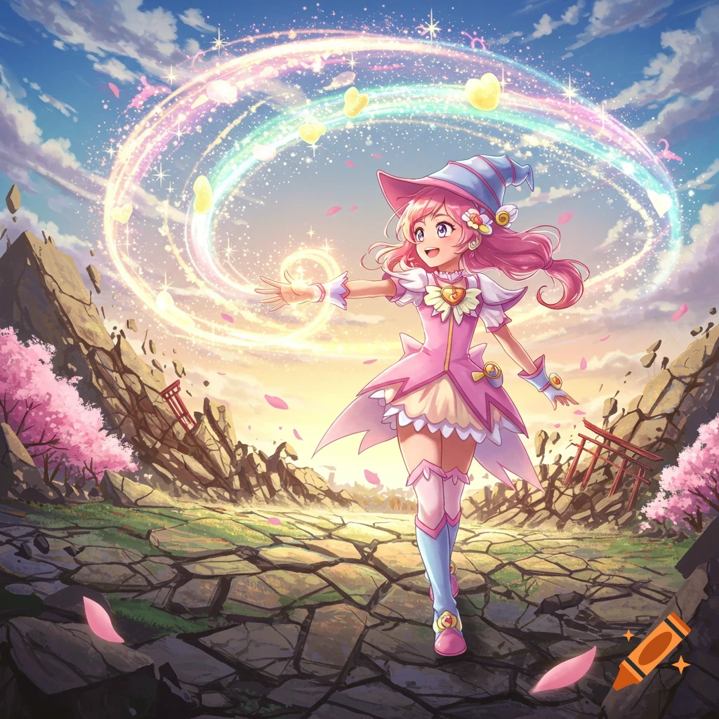 An anime magical girl in a pink dress and hat casts a rainbow spell amidst cracked ground, floating rocks, and cherry blossoms.