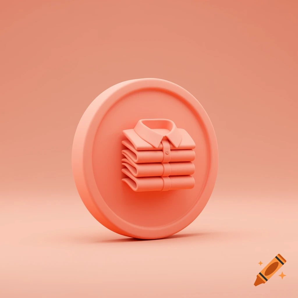 A 3D render of a stack of neatly folded coral pink shirts on a matching circular token against a coral background.