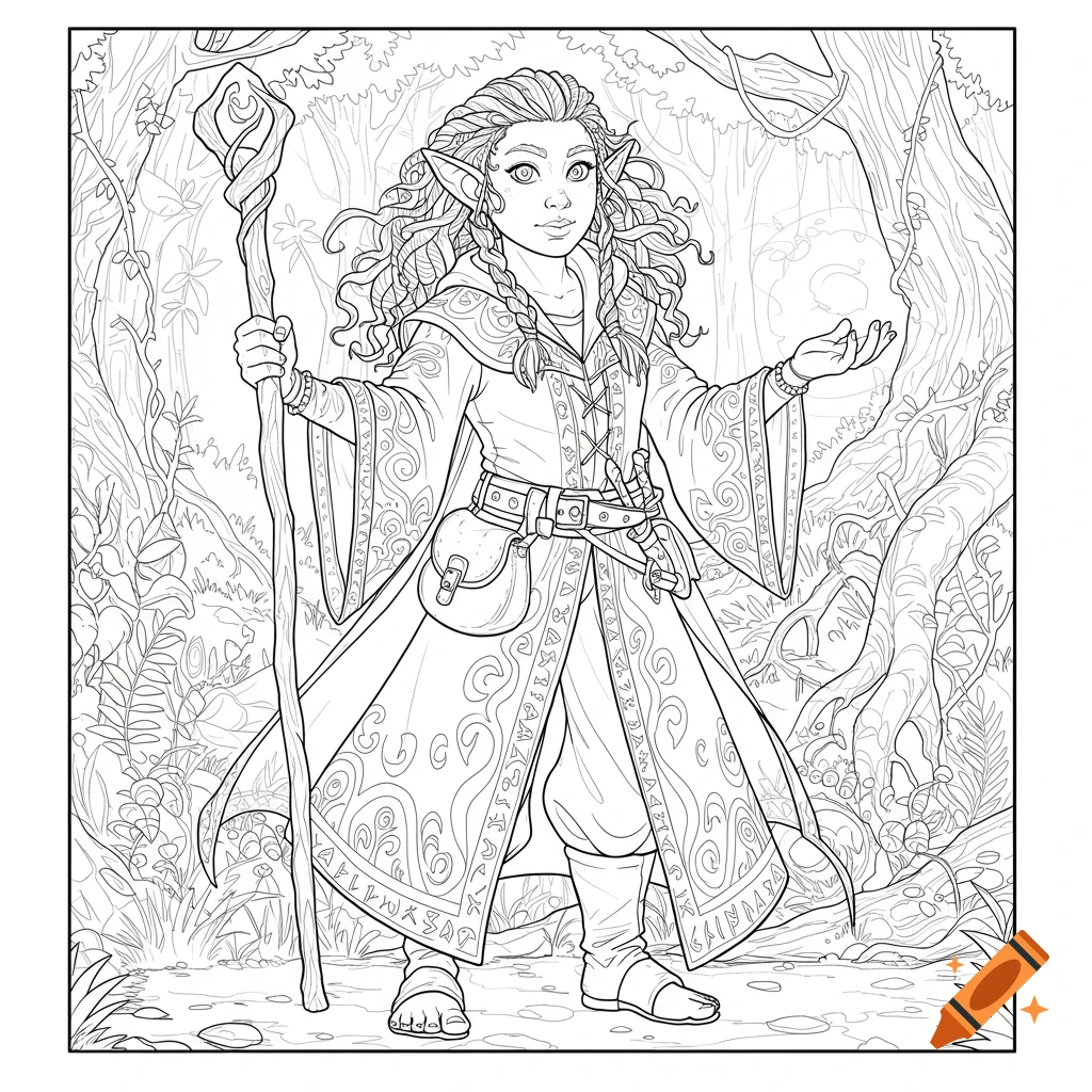 A black and white coloring page of a female halfling sorcerer holding a staff in a forest setting.