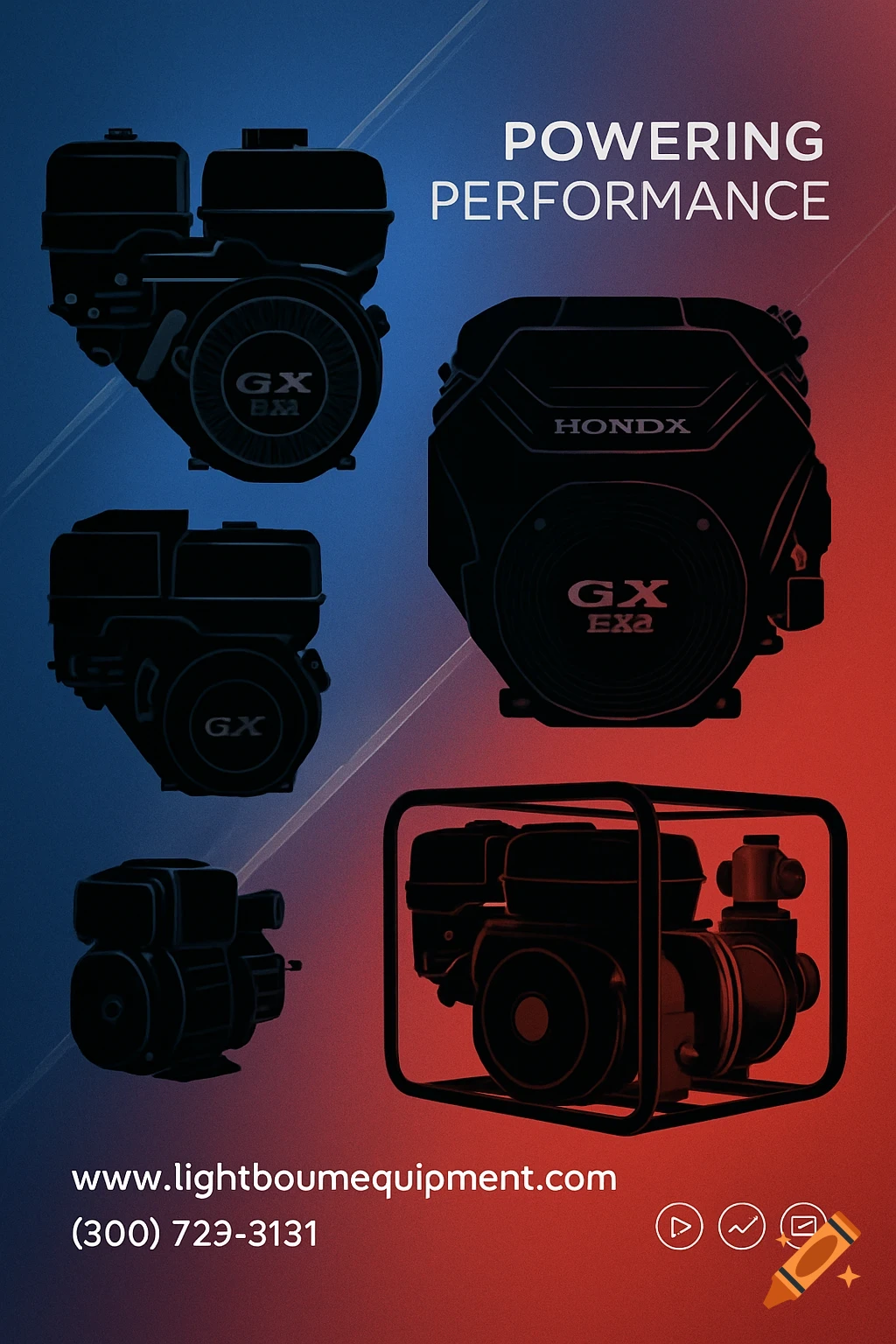 A dark blue and red catalog cover featuring silhouettes of various industrial engines and a water pump, with text "POWERING PERFORMANCE" and contact info.