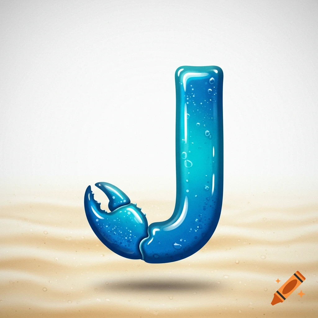 A blue, glossy letter J, with its base shaped like a lobster claw, floats above a sandy beach.