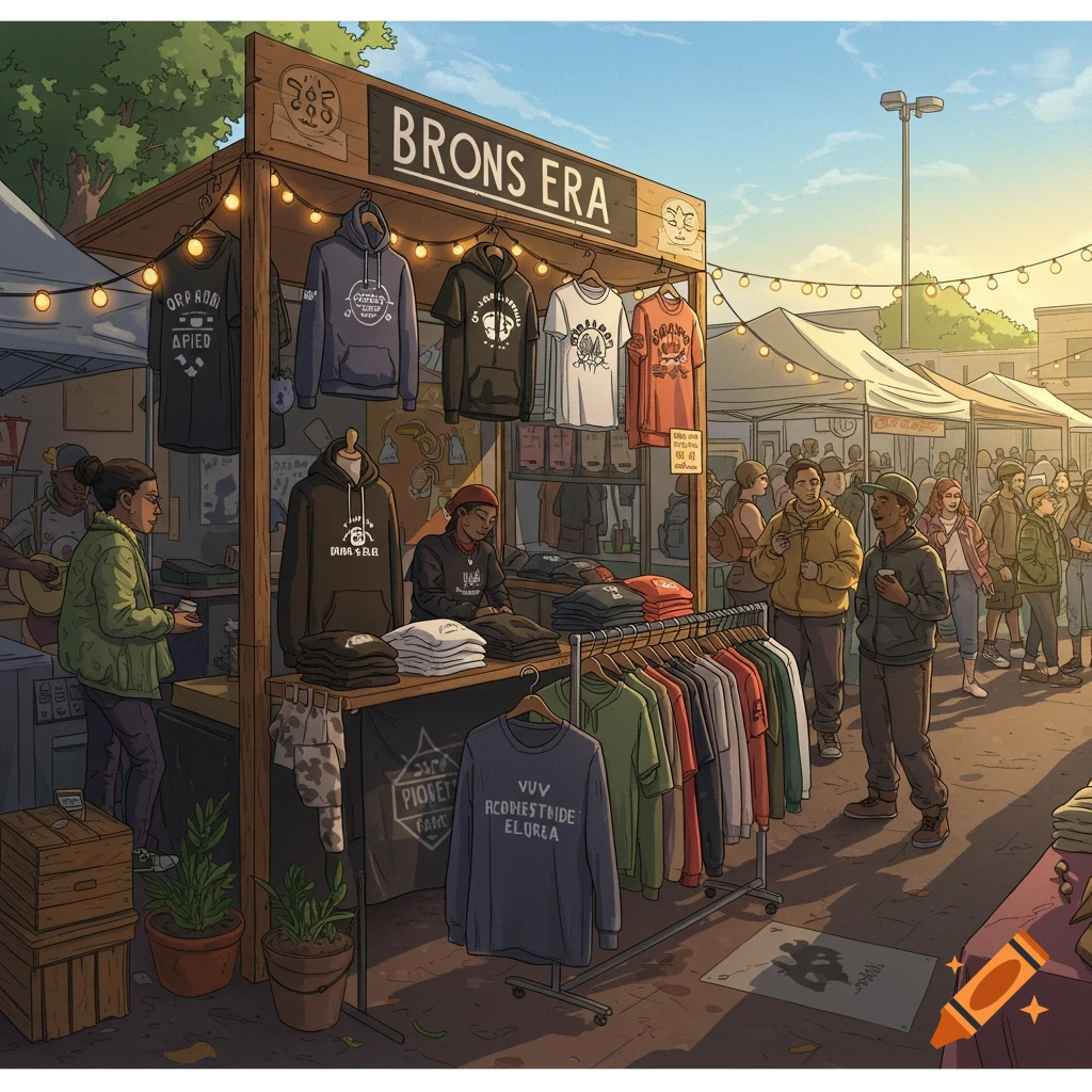 An illustrative street scene shows a 'Brons Era' clothing booth at a bustling farmers market, with people browsing t-shirts and hoodies.