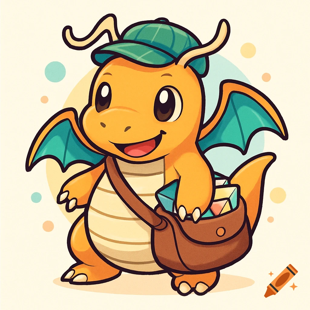 A cute chibi-style Dragonite wearing a green cap and a messenger bag filled with colorful letters.