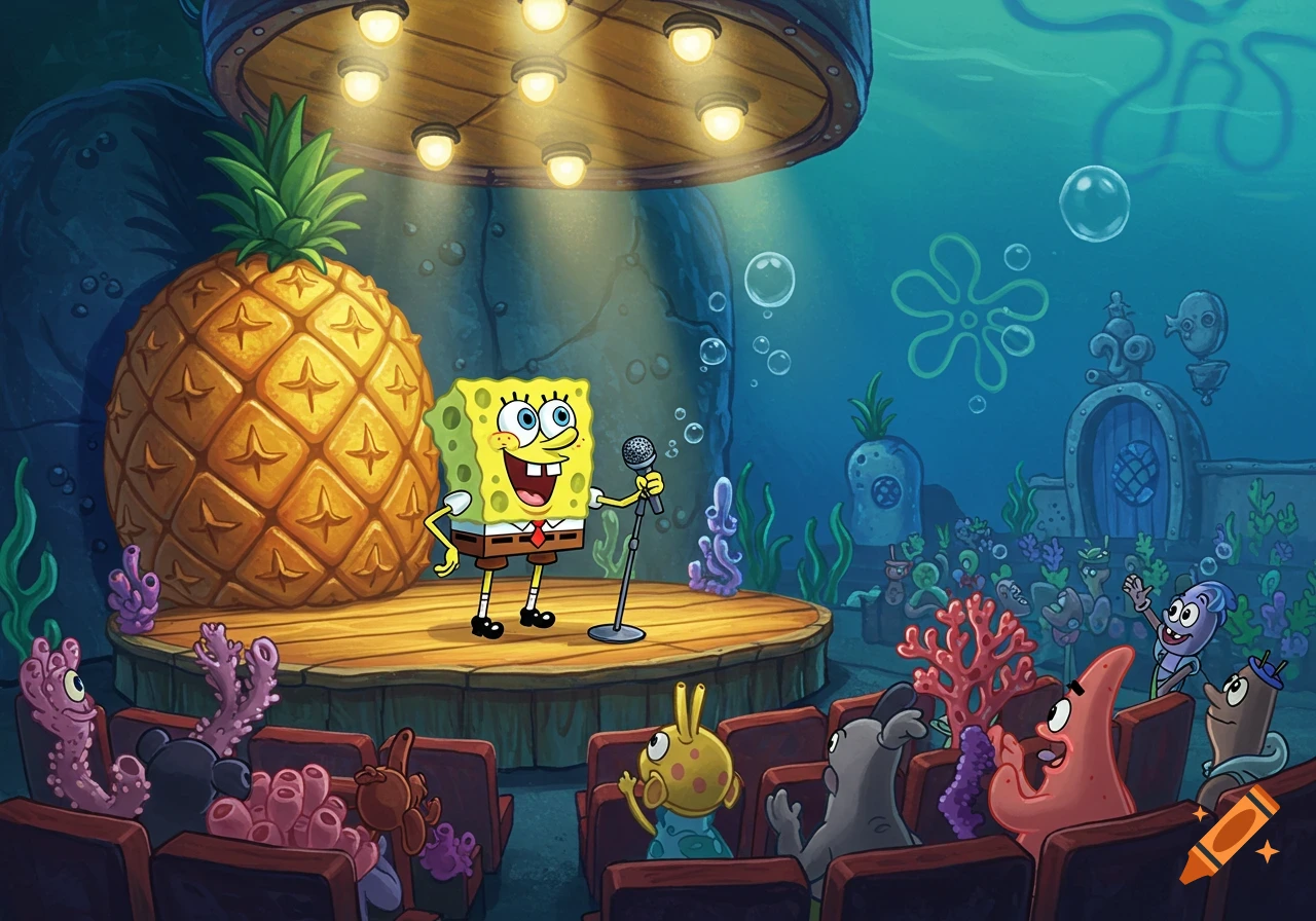Spongebob Squarepants stands on a stage with a large pineapple behind him, holding a microphone and performing for an audience of various sea creatures in an underwater theater.