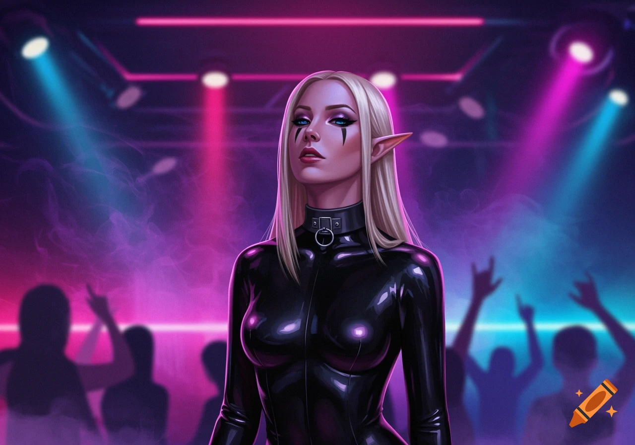 A blonde high elf in a black latex suit and collar stands in a smoky nightclub with pink and blue lights.