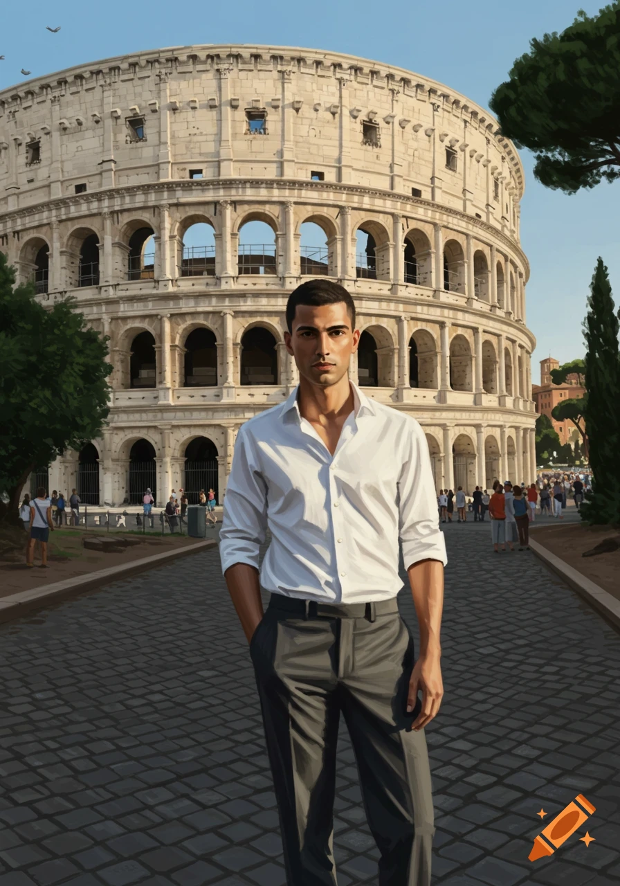 A man in a white shirt and grey pants stands on a cobblestone path, hands in pockets, with the ancient Roman Colosseum behind him under a clear blue sky.