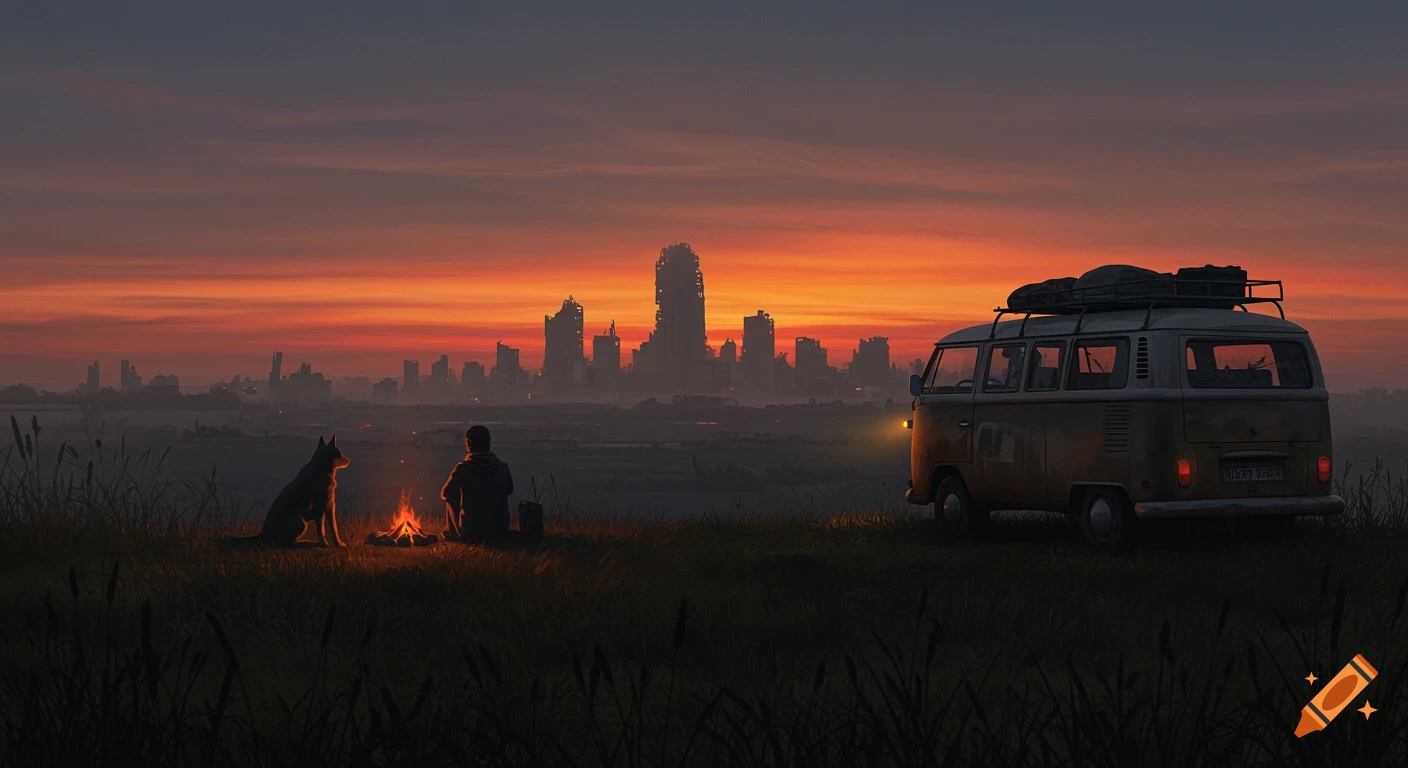 A silhouette of a person and a dog sit by a campfire on a hill, with a camper van, overlooking a destroyed city at sunset.